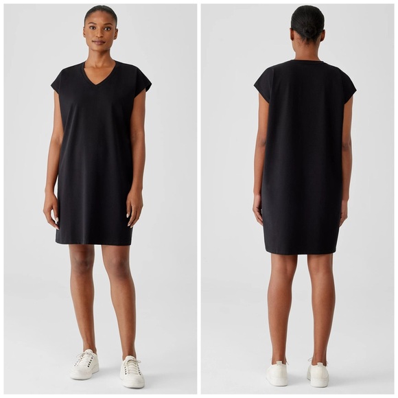 EILEEN FISHER XL Pima Cotton Stretch Jersey V-Neck Dress in Black • Casual Comfy - Picture 11 of 12